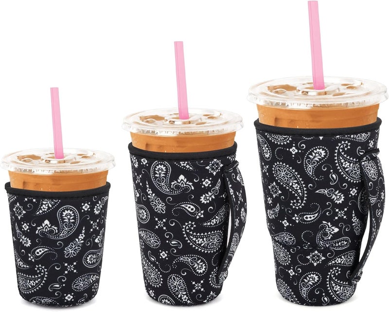 Snowso 3 Pack Iced Coffee sleeve Insulated Neoprene Cup Sleeves with handle For Cold Drinks Beverages, Reusable Cup Holder for 16oz-32oz Coffee Cups (Black Paisley) - Image 1